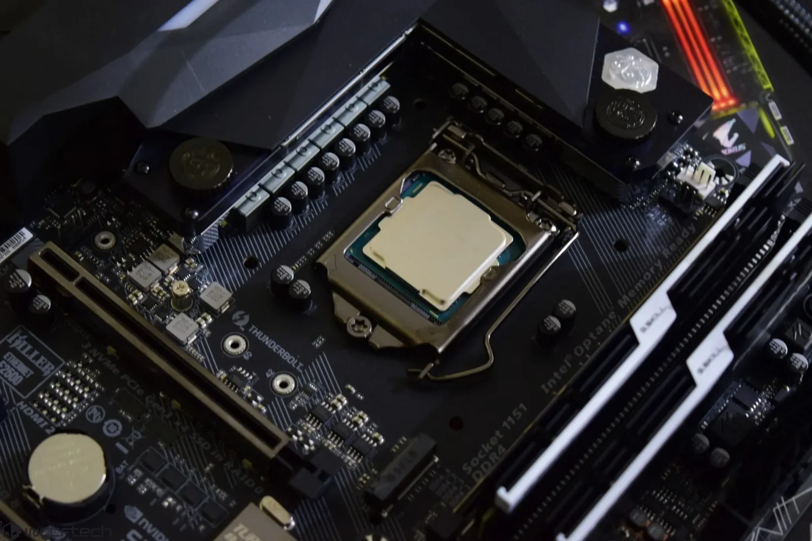 A modern Intel x86 CPU inside a motherboard socket. Credit: wccftech
